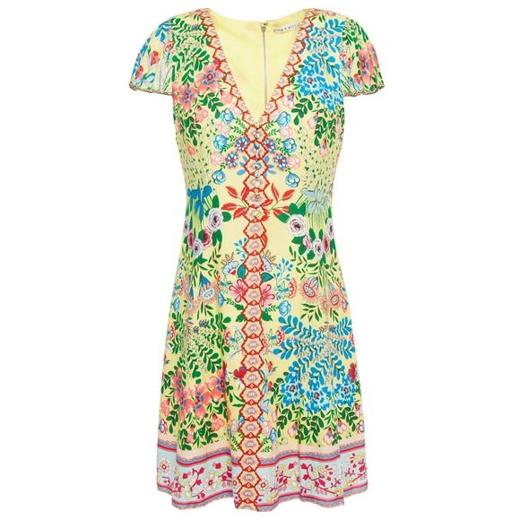 Alice + Olivia Hadley Floral Yellow Mini Fit & Flare Crepe Dress Sz 6 Tropical - Picture 7 of 16